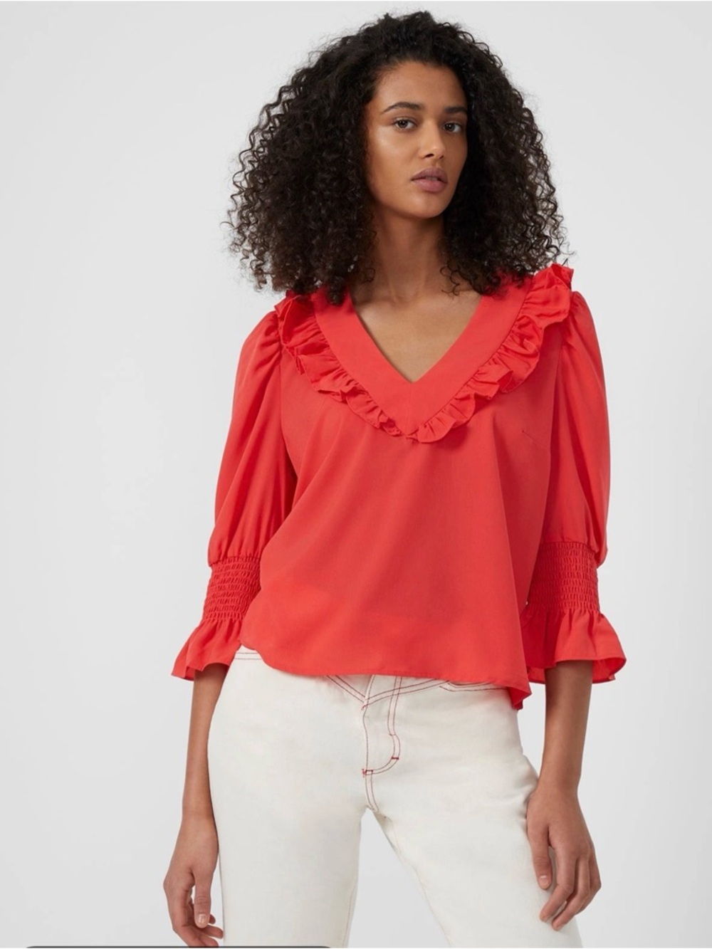 French Connection Crepe Light Ruffle Blouse Bright Red Hibiscus size Small